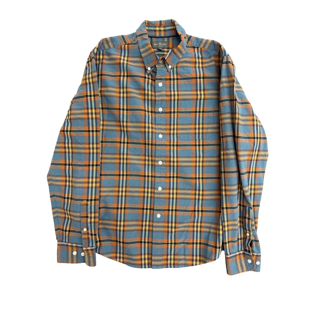 LL Bean Signature Slim Fit Plaid Flannel Shirt Mens Large Blue Orange Check